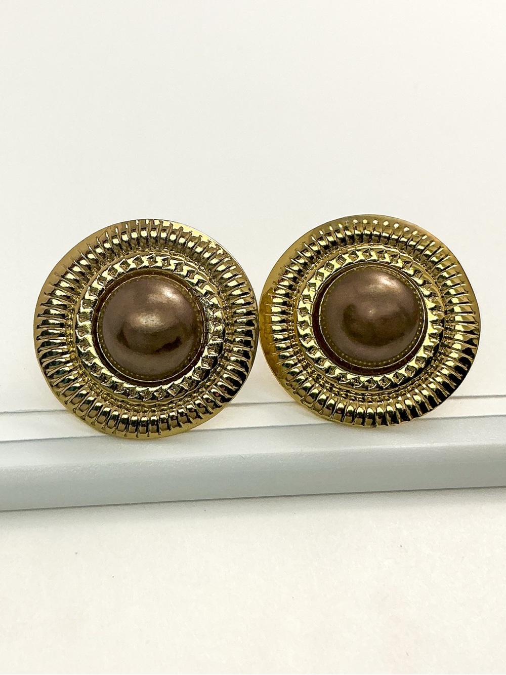 Gold Brown Chocolate Pearl Ornate Textured Halo Framed Stud Earrings
